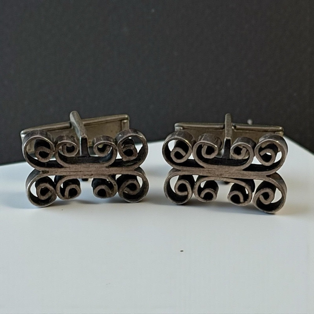 VTG Taxco‎ Mexico Cufflinks Sterling Silver 925 Unique Open Scroll Loop Design